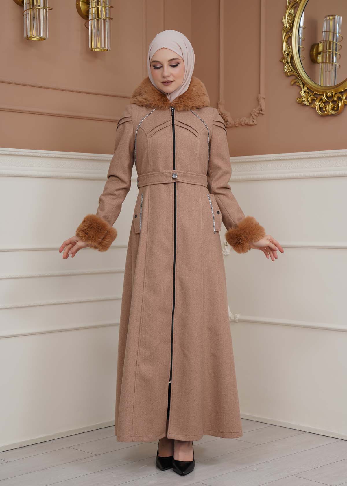 FURRY SLEEVE AND HOOD HIJAB TOPCOAT 1356 Açık kahverengi