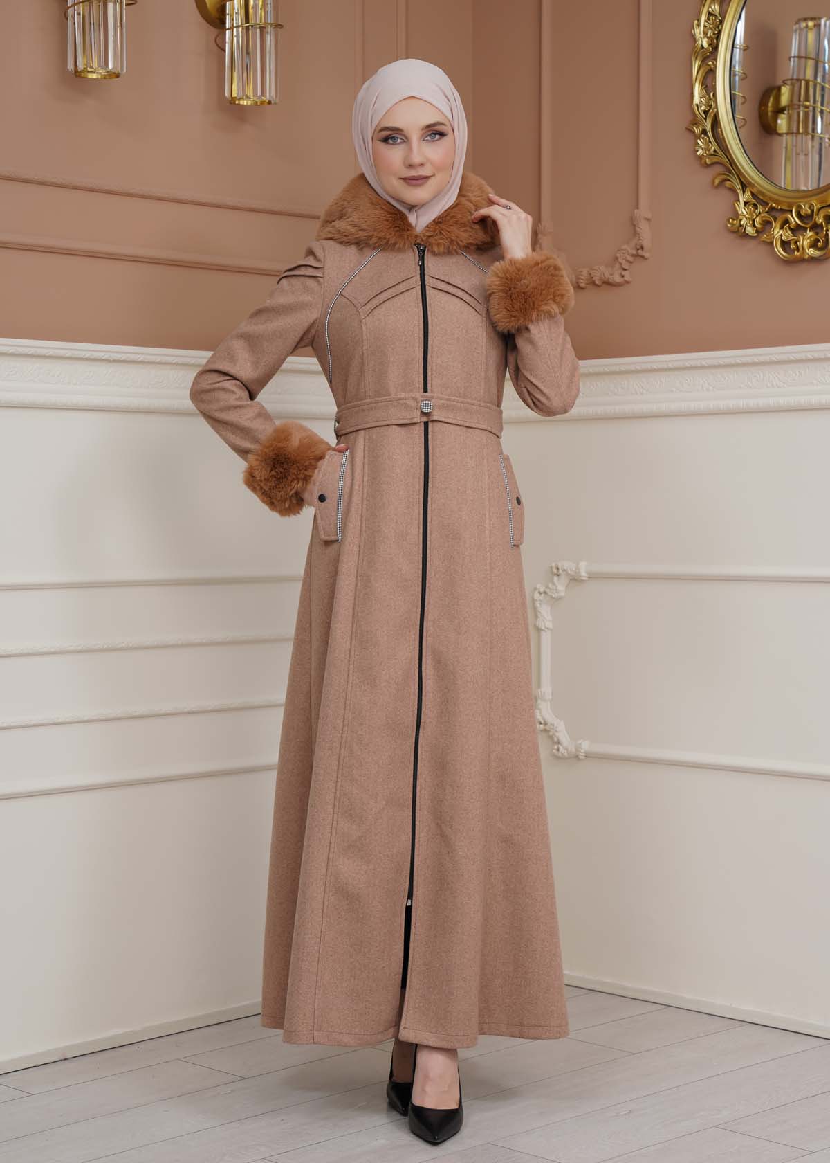 FURRY SLEEVE AND HOOD HIJAB TOPCOAT 1356 Açık kahverengi