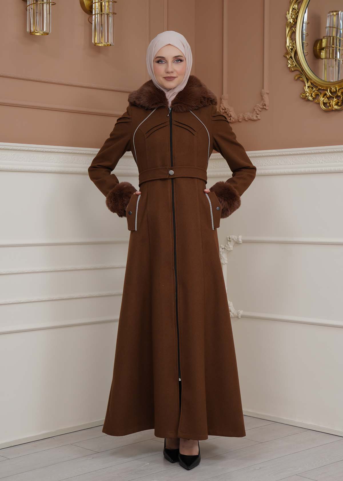 FURRY SLEEVE AND HOOD HIJAB TOPCOAT 1356 Kahverengi