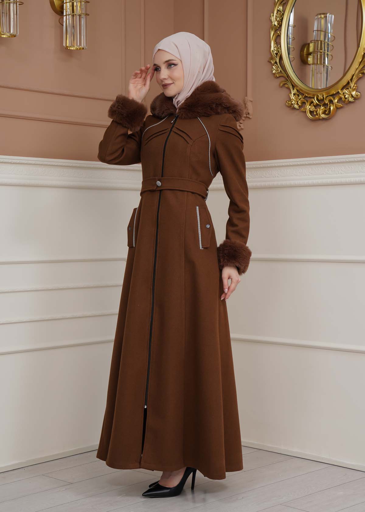 FURRY SLEEVE AND HOOD HIJAB TOPCOAT 1356 Kahverengi