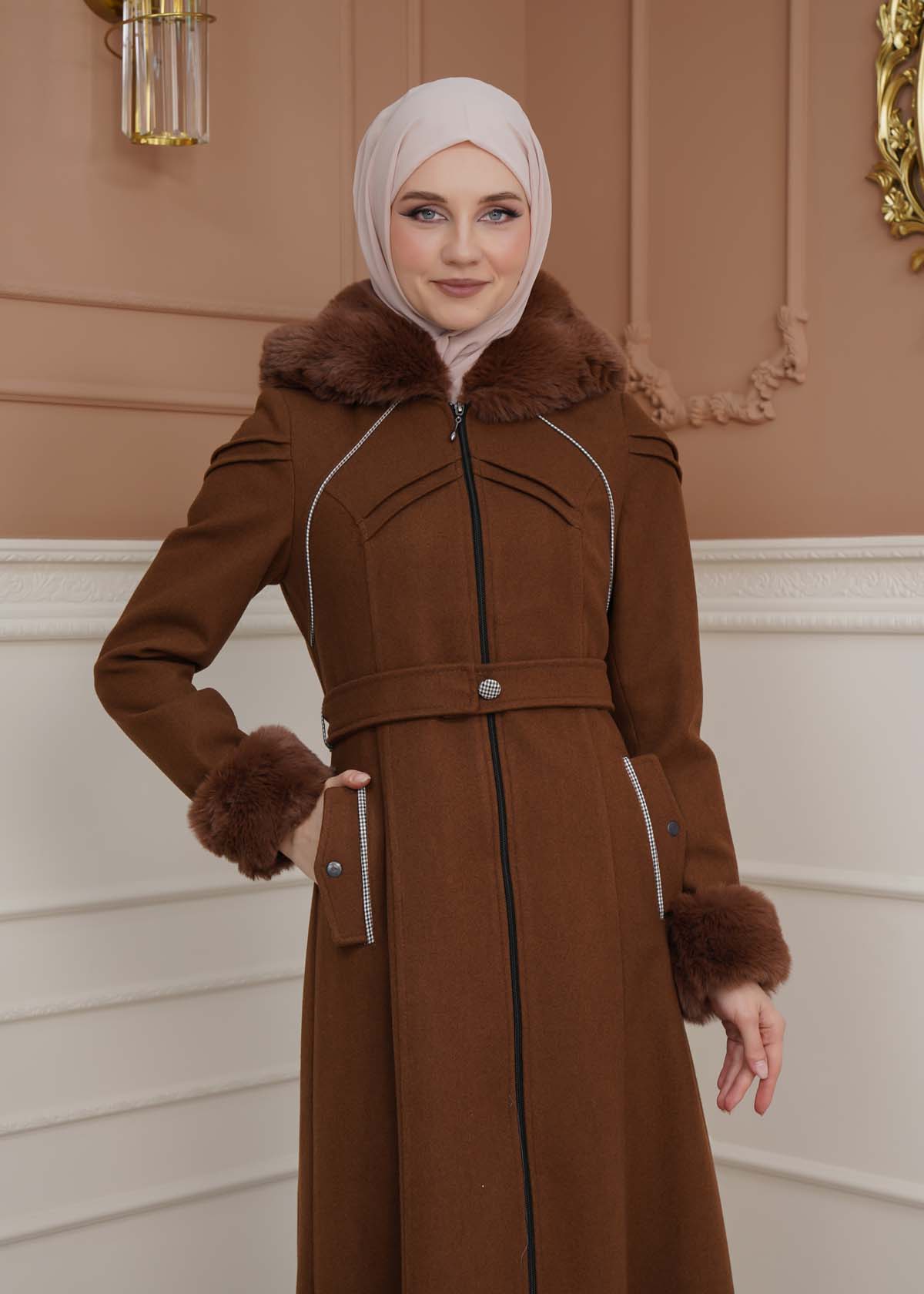 FURRY SLEEVE AND HOOD HIJAB TOPCOAT 1356 Kahverengi