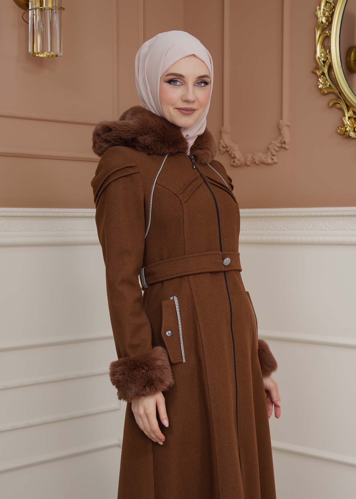 FURRY SLEEVE AND HOOD HIJAB TOPCOAT 1356 Kahverengi