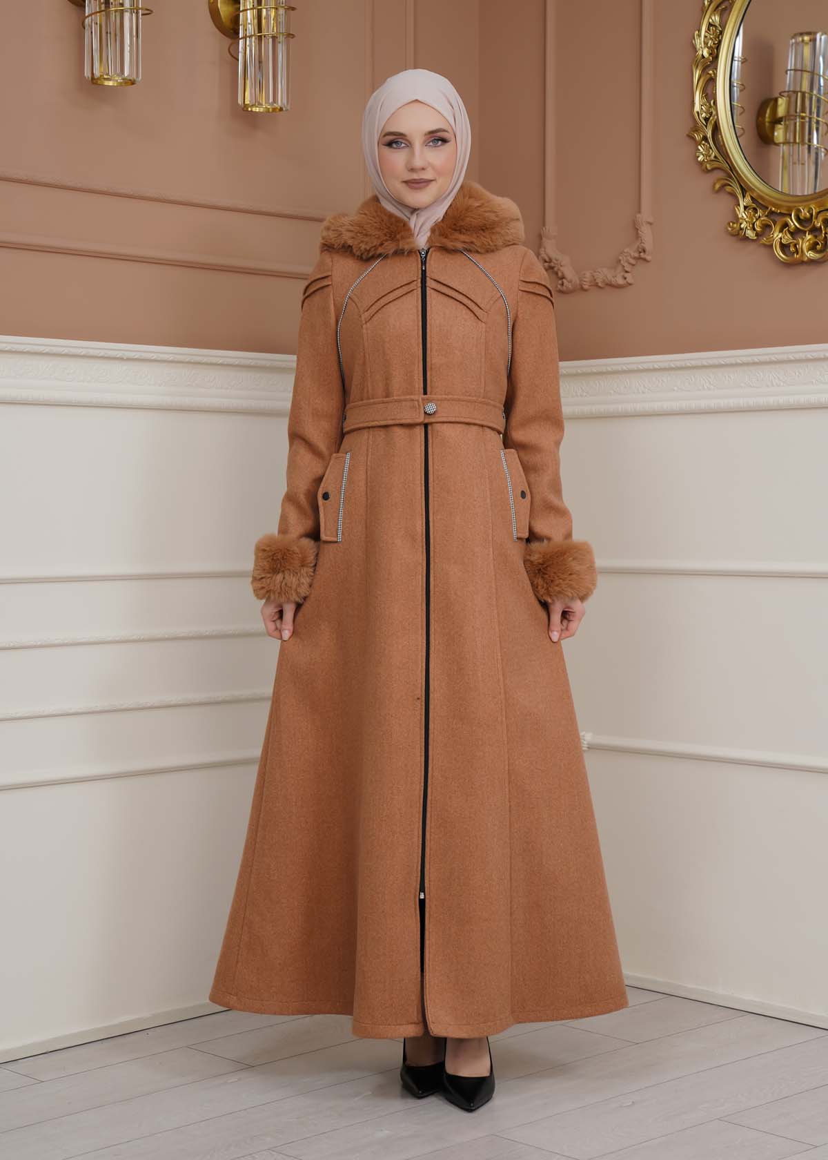 FURRY SLEEVE AND HOOD HIJAB TOPCOAT 1356 - tan