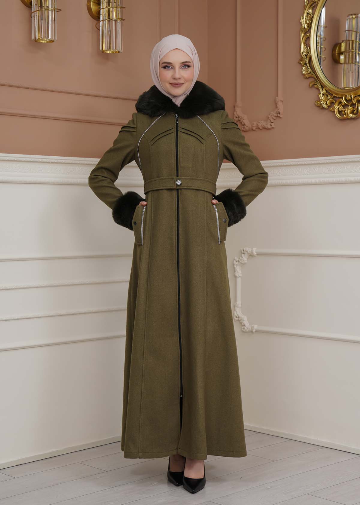 FURRY SLEEVE AND HOOD HIJAB TOPCOAT 1356 - khaki