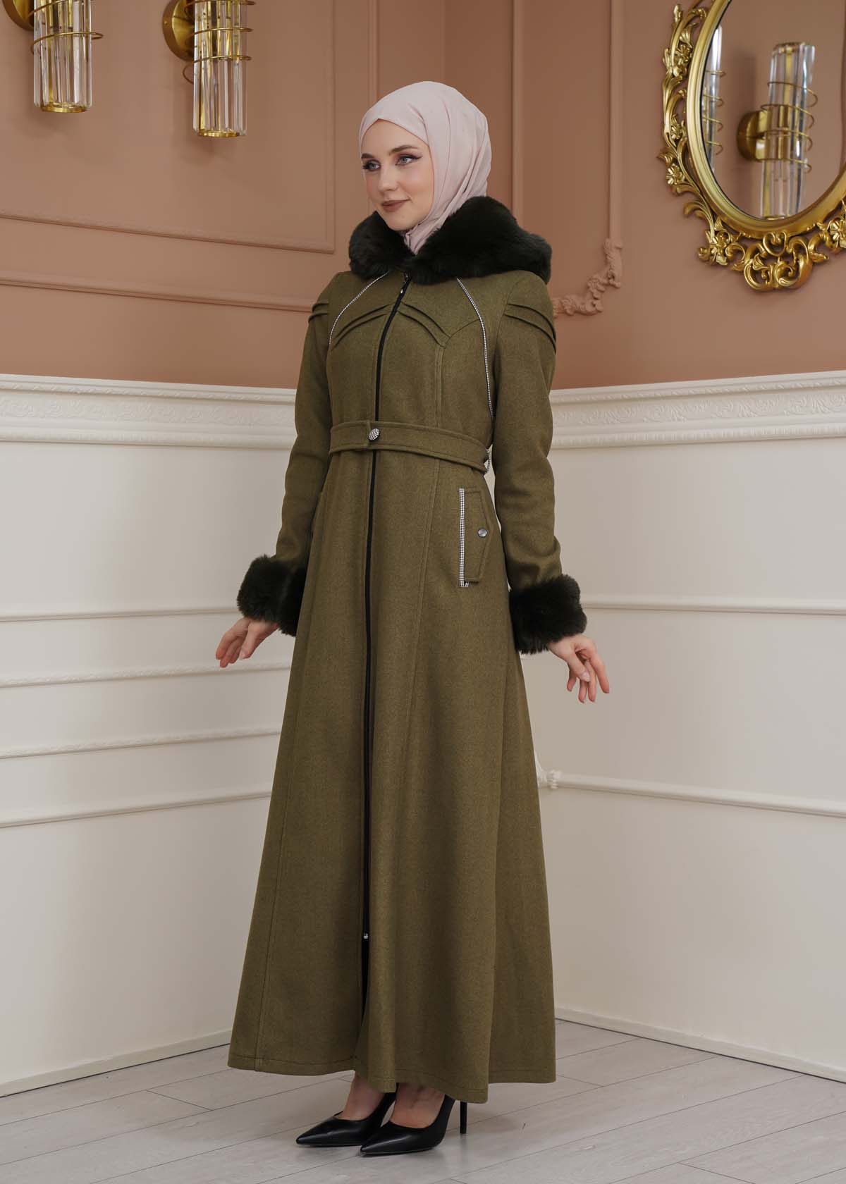 FURRY SLEEVE AND HOOD HIJAB TOPCOAT 1356 Haki