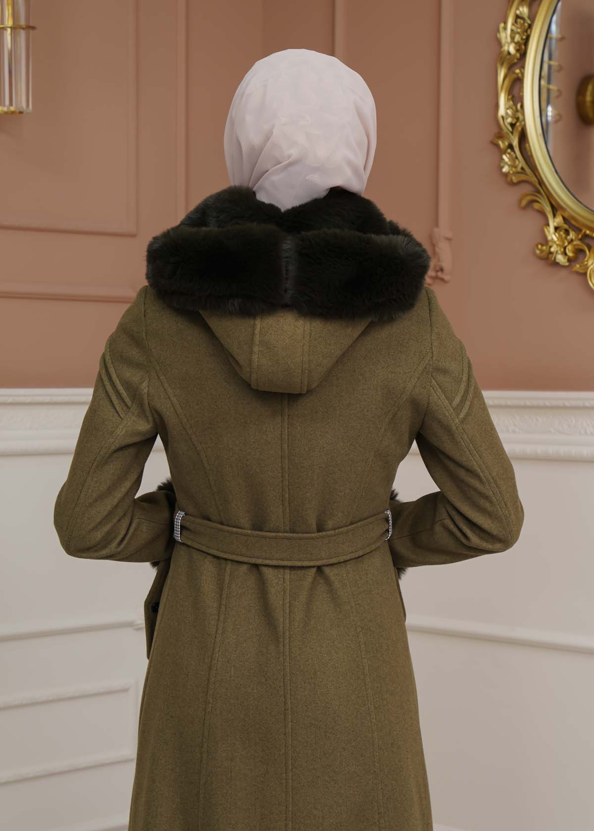 FURRY SLEEVE AND HOOD HIJAB TOPCOAT 1356 Haki