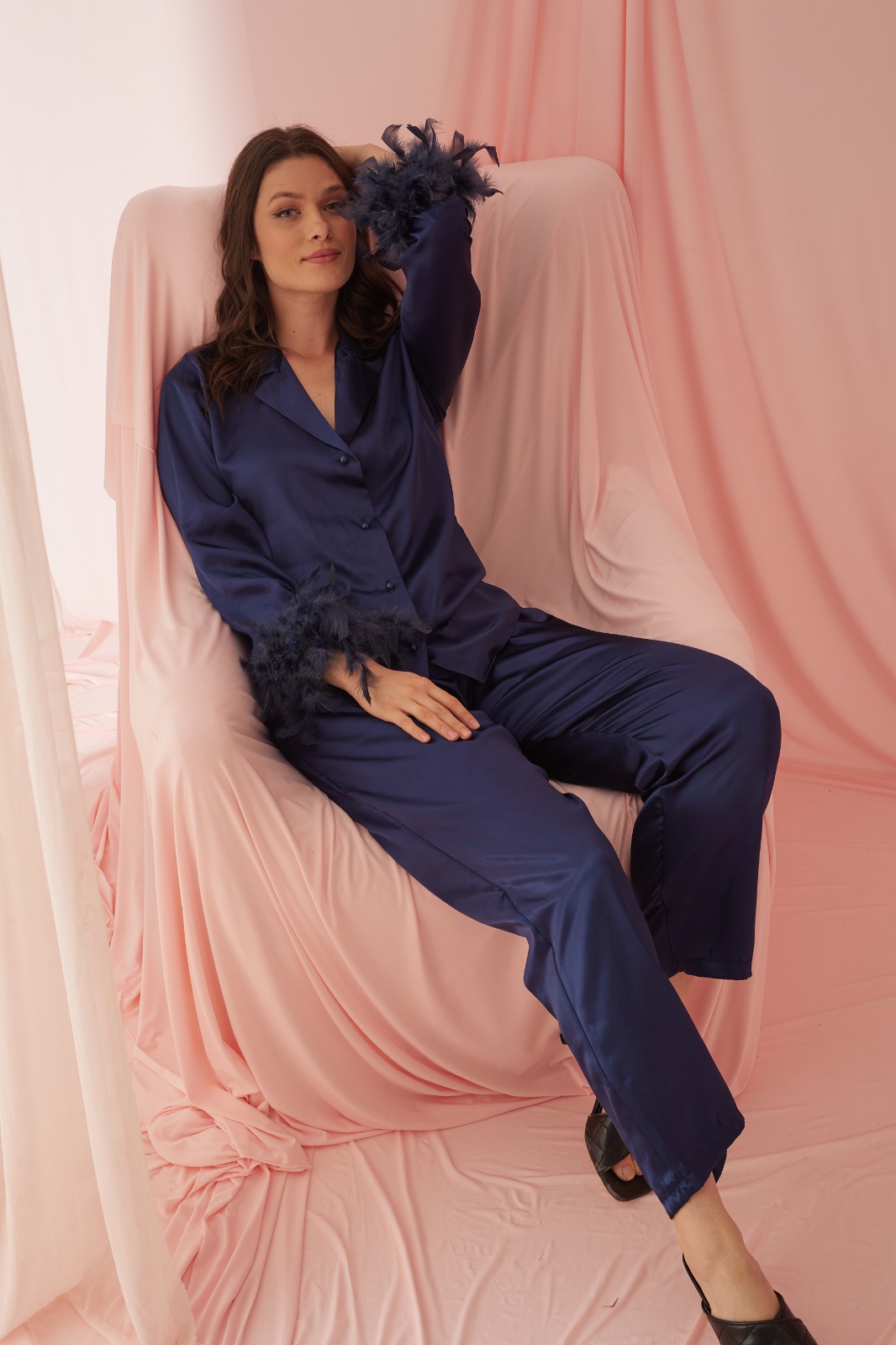 Navy blue Feather Elegance satin pijama 1090-4 - deep blue