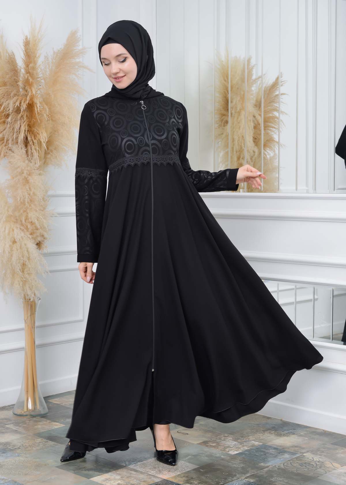 Modamix women Hoodied Abaya of Rose Rise fabric 570 Siyah