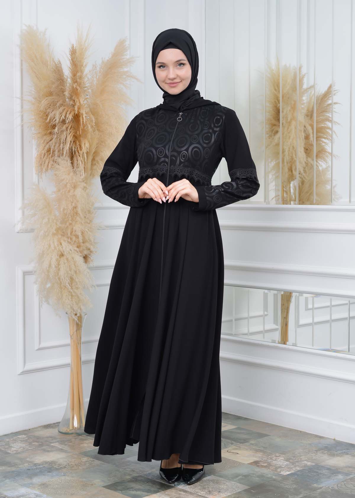 Modamix women Hoodied Abaya of Rose Rise fabric 570 Siyah