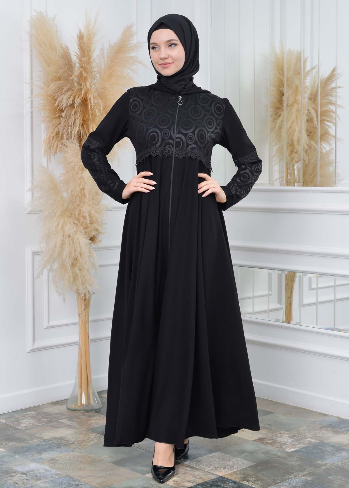 Modamix women Hoodied Abaya of Rose Rise fabric 570 Siyah