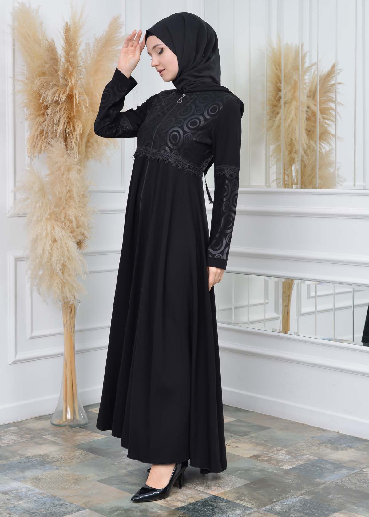 Modamix women Hoodied Abaya of Rose Rise fabric 570 Siyah