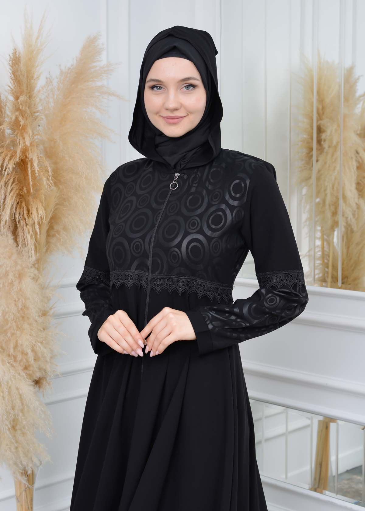 Modamix women Hoodied Abaya of Rose Rise fabric 570 Siyah