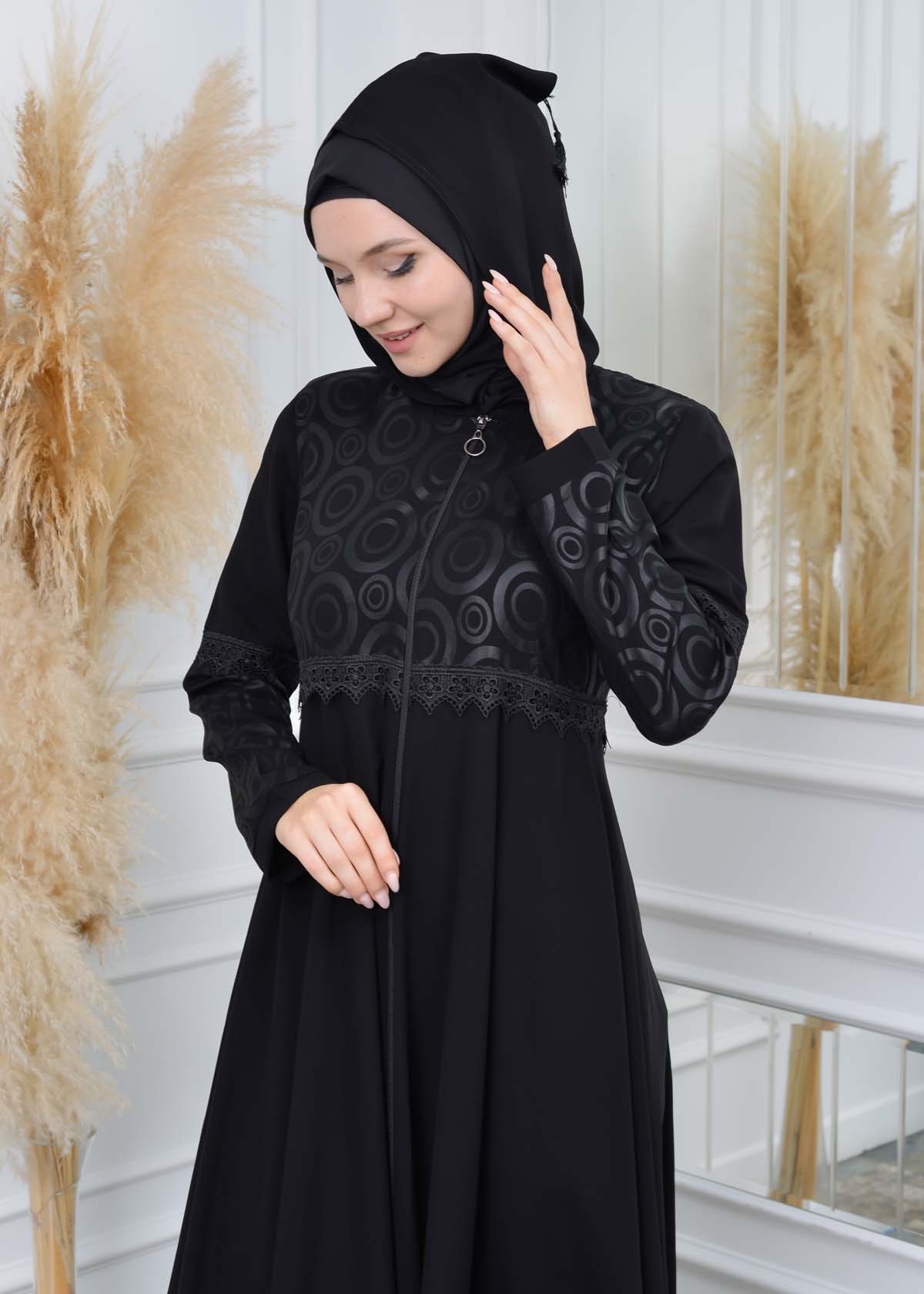 Modamix women Hoodied Abaya of Rose Rise fabric 570 Siyah