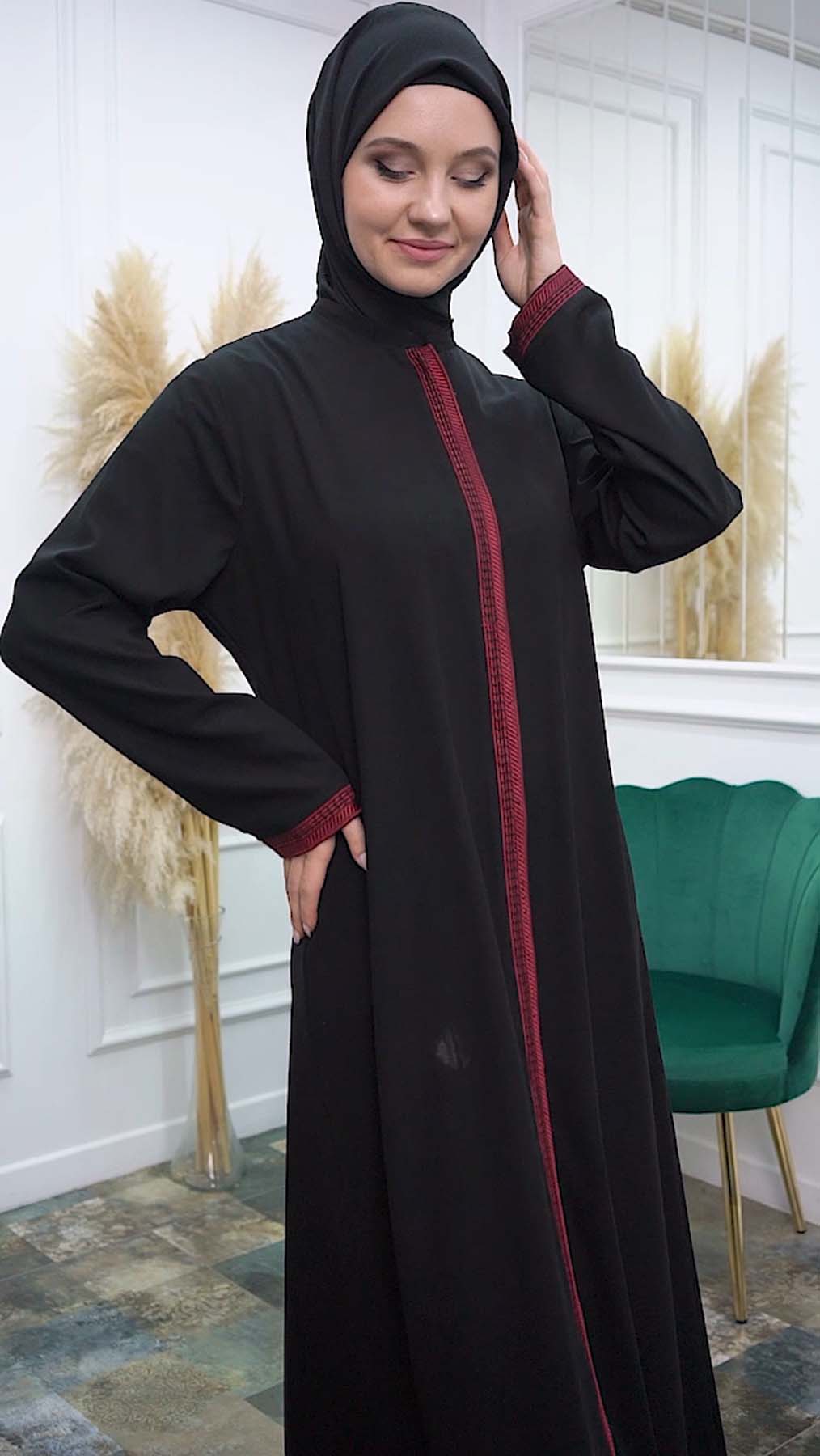 Modamix Modern women's abaya with zipper and embroidery 577 Kırmızı