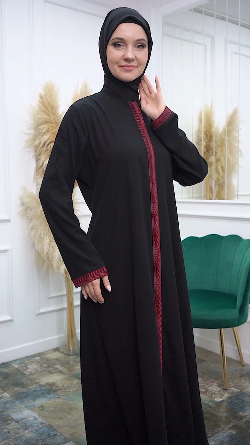 Modamix Modern women's abaya with zipper and embroidery 577 Kırmızı