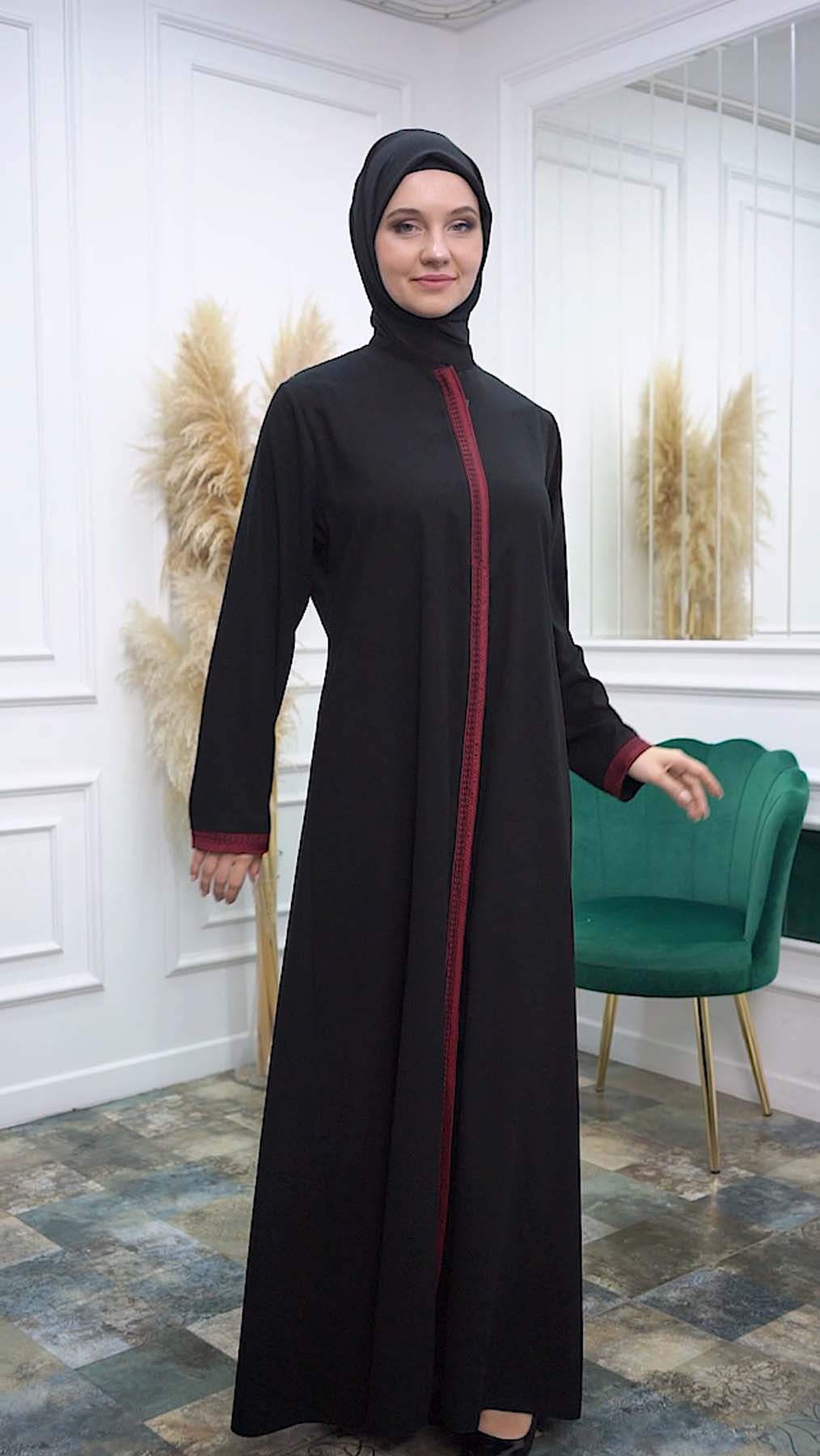 Modamix Modern women's abaya with zipper and embroidery 577 Kırmızı