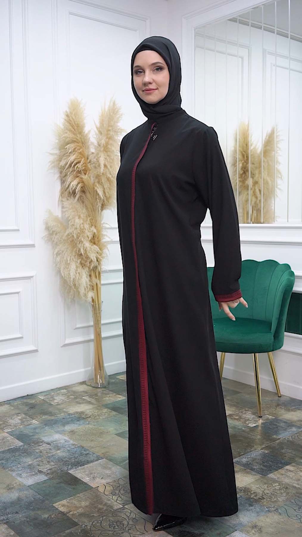 Modamix Modern women's abaya with zipper and embroidery 577 Kırmızı