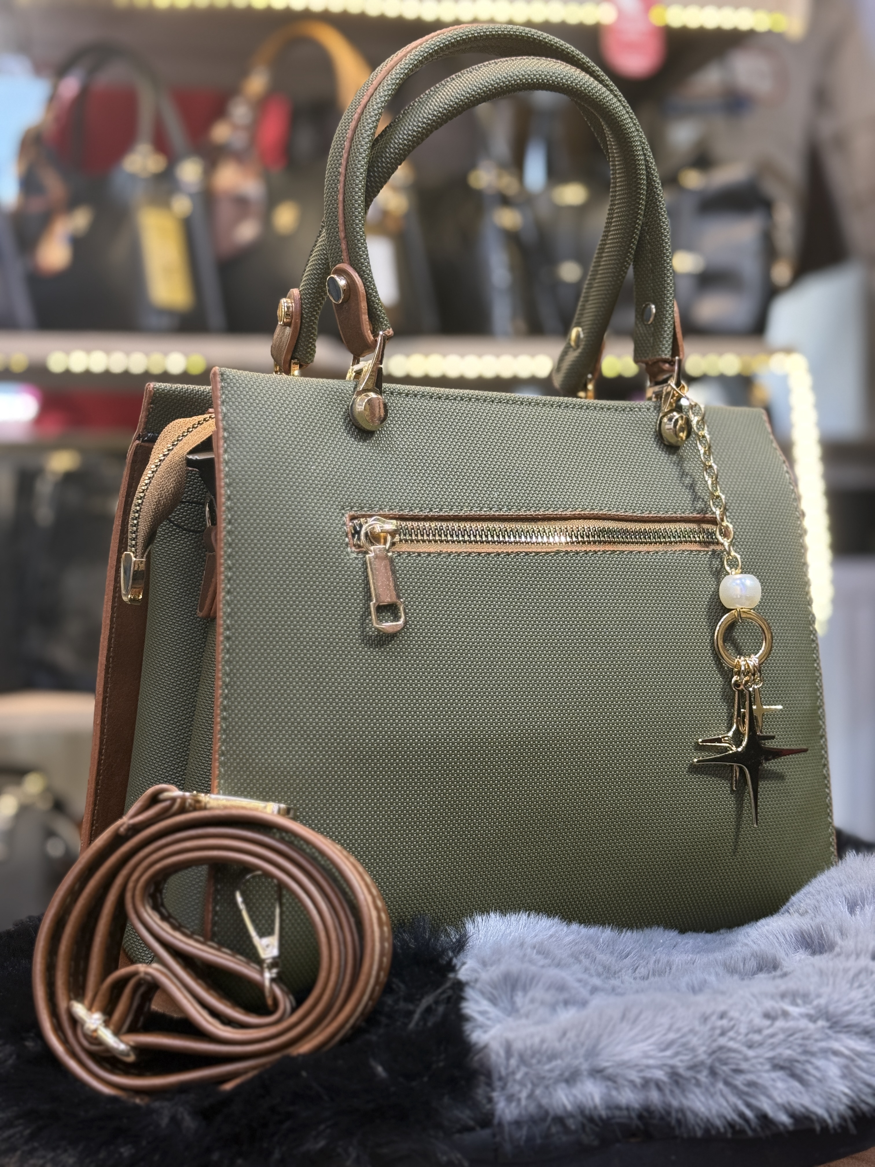 Modern Design Luxury Leather Womens Handbag - Code 981 - khaki