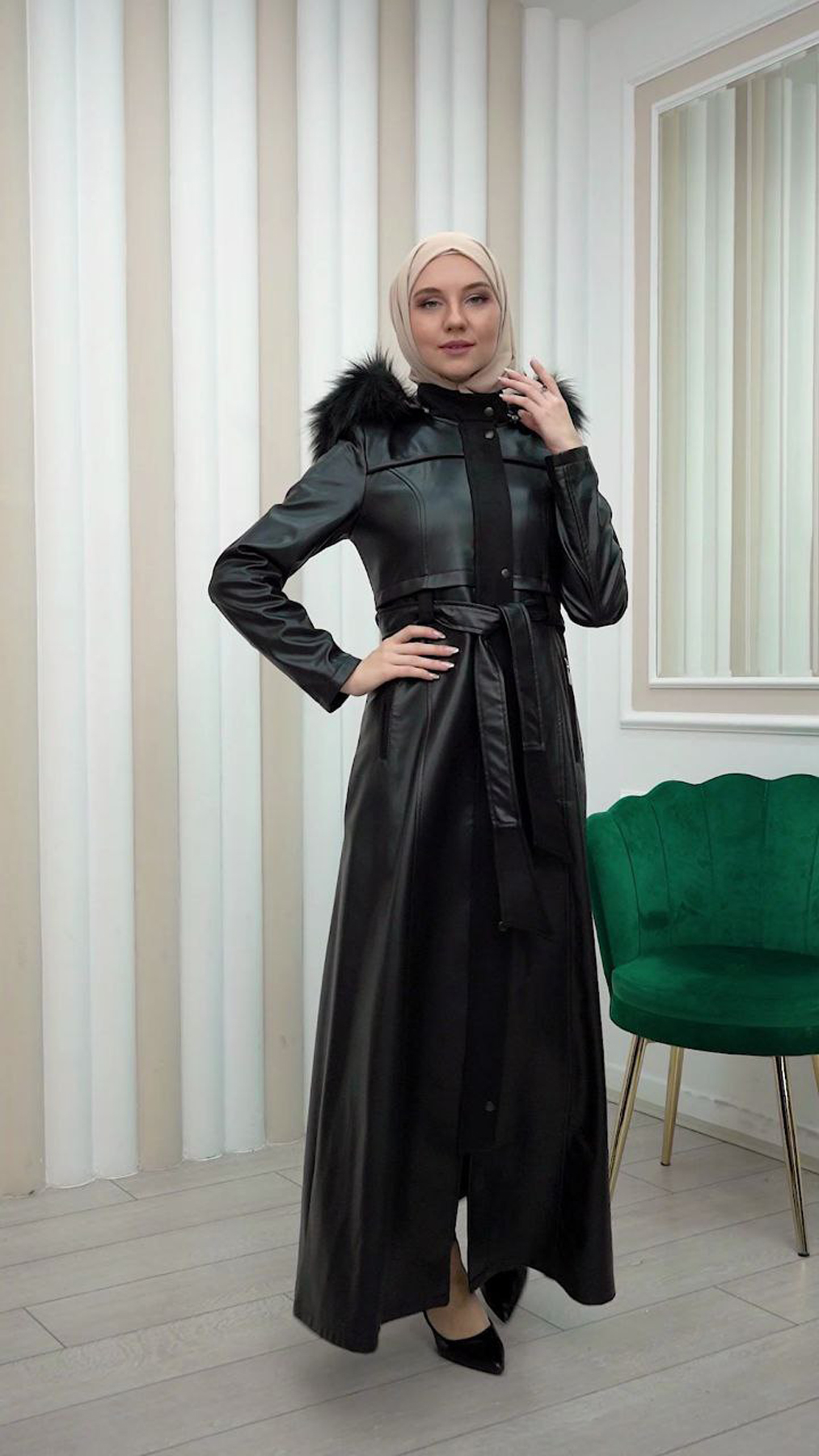 ZIPPERED FRONT HOODED LEATHER HIJAB COAT 1338 - black