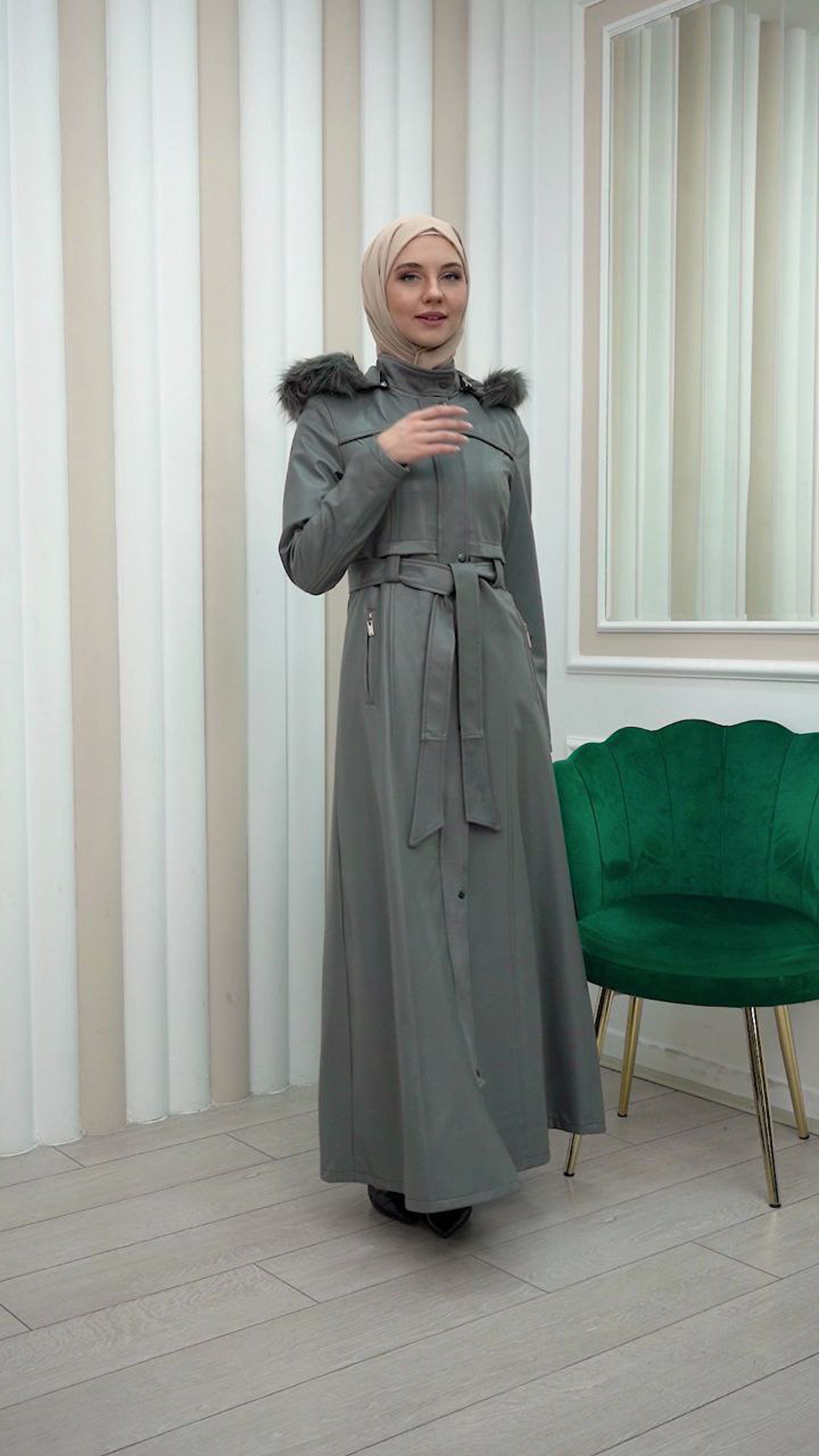 ZIPPERED FRONT HOODED LEATHER HIJAB COAT 1338 Gri