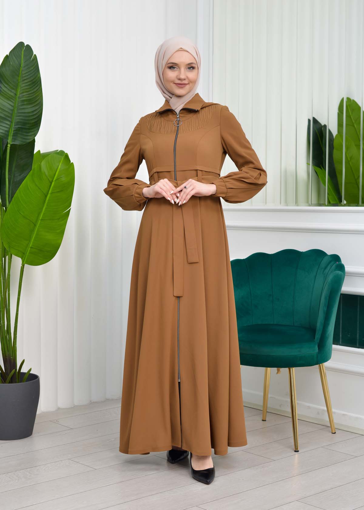 Hooded-Belted Hijab Topcoat 1206 with front zipper - tan