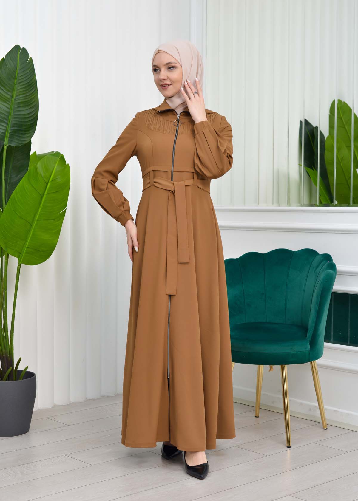 Hooded-Belted Hijab Topcoat 1206 with front zipper taba