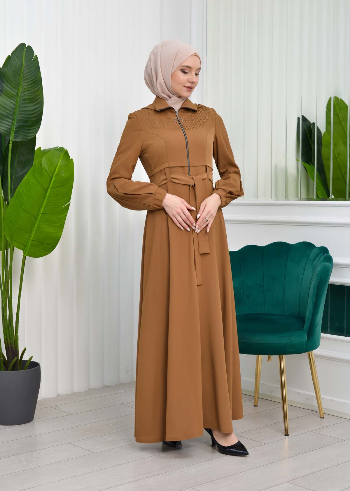 Hooded-Belted Hijab Topcoat 1206 with front zipper taba