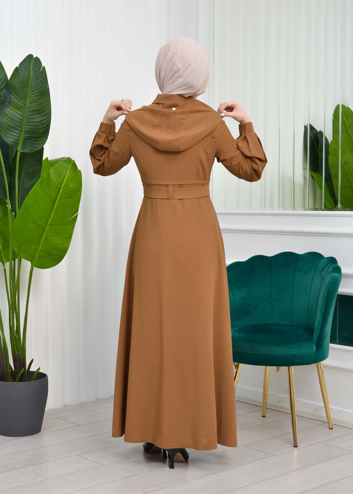 Hooded-Belted Hijab Topcoat 1206 with front zipper taba