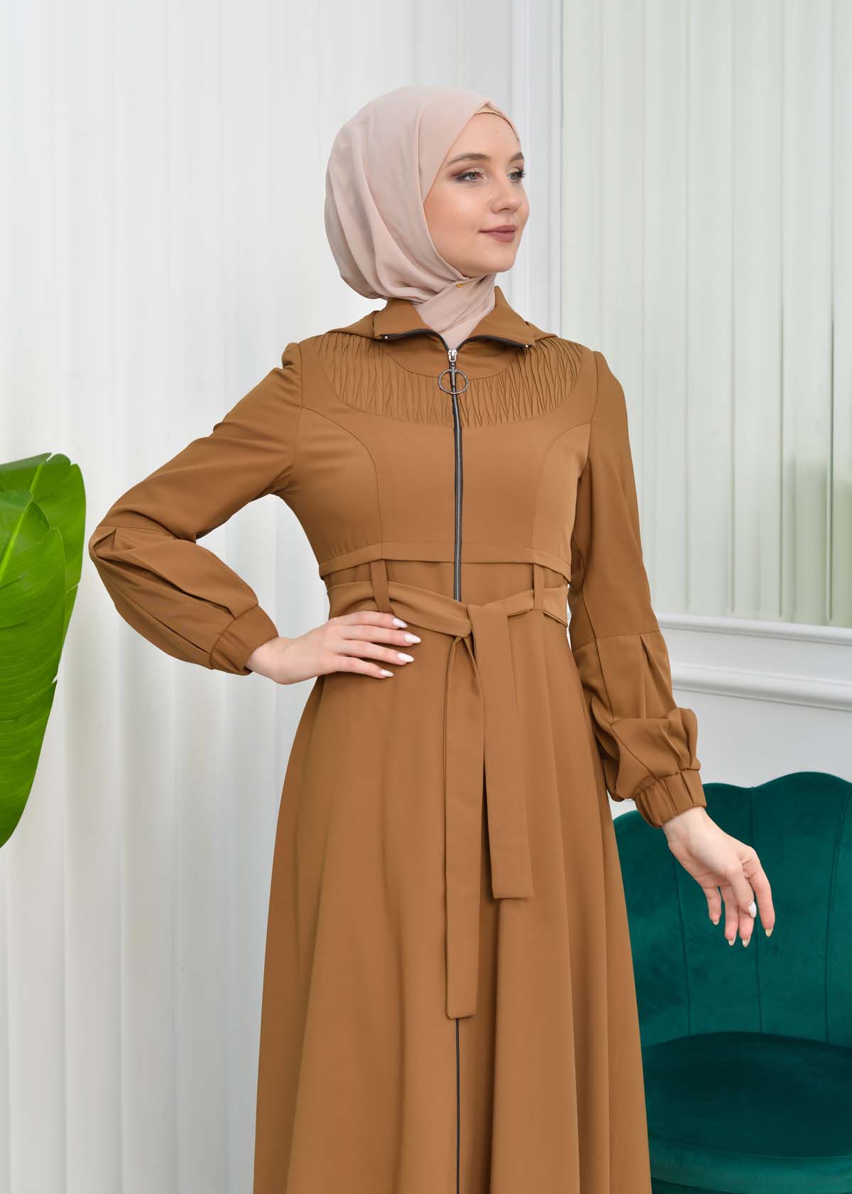 Hooded-Belted Hijab Topcoat 1206 with front zipper taba