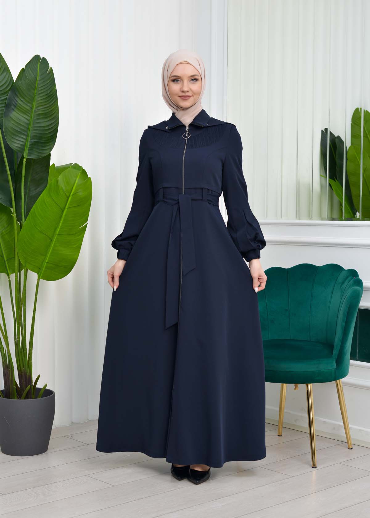 Hooded-Belted Hijab Topcoat 1206 with front zipper - deep blue