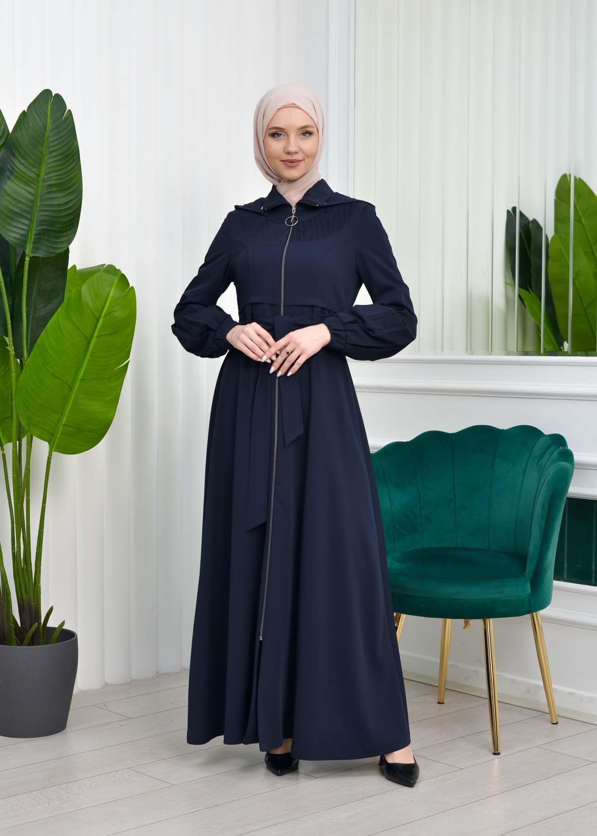 Hooded-Belted Hijab Topcoat 1206 with front zipper Lacivert