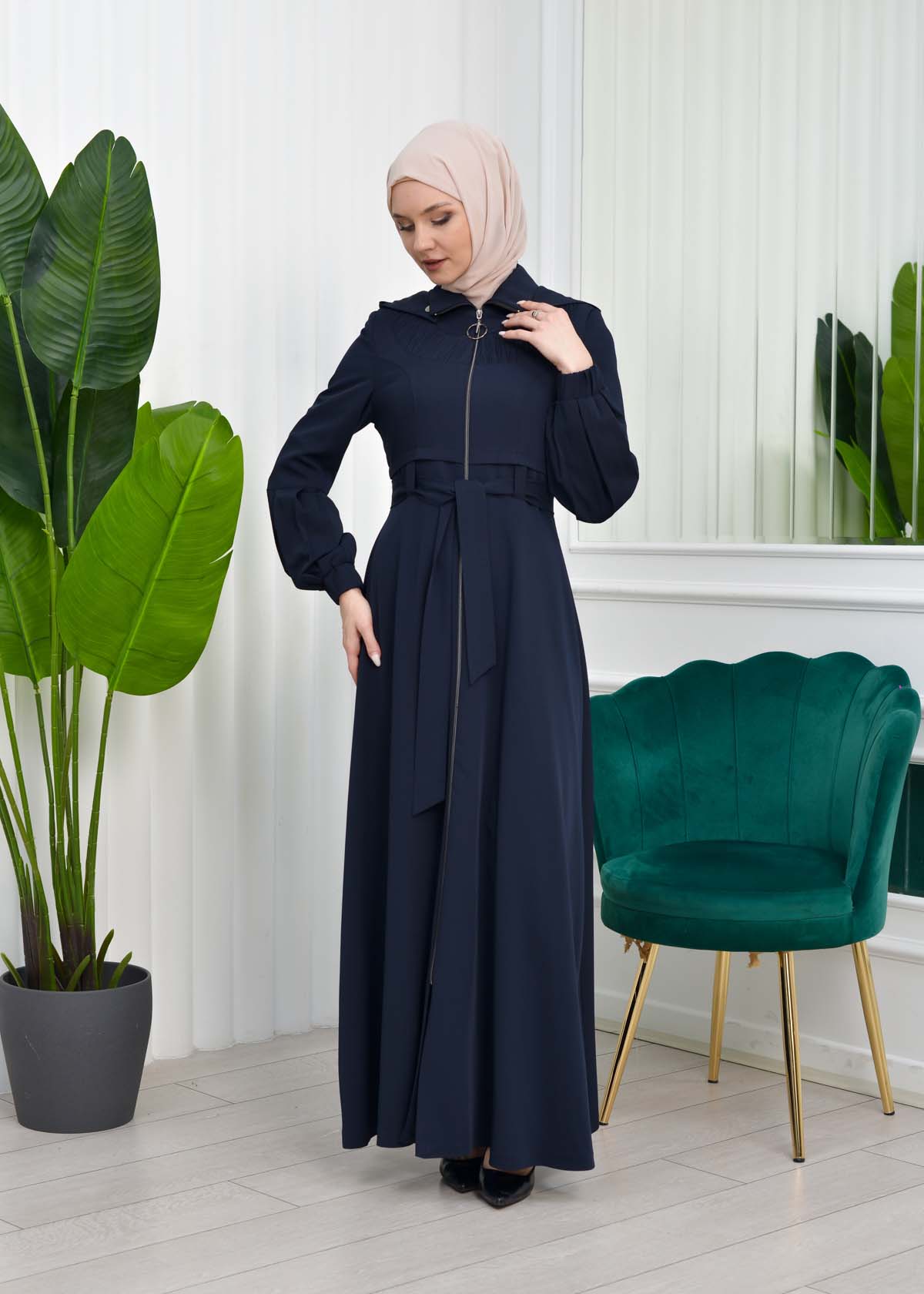 Hooded-Belted Hijab Topcoat 1206 with front zipper Lacivert