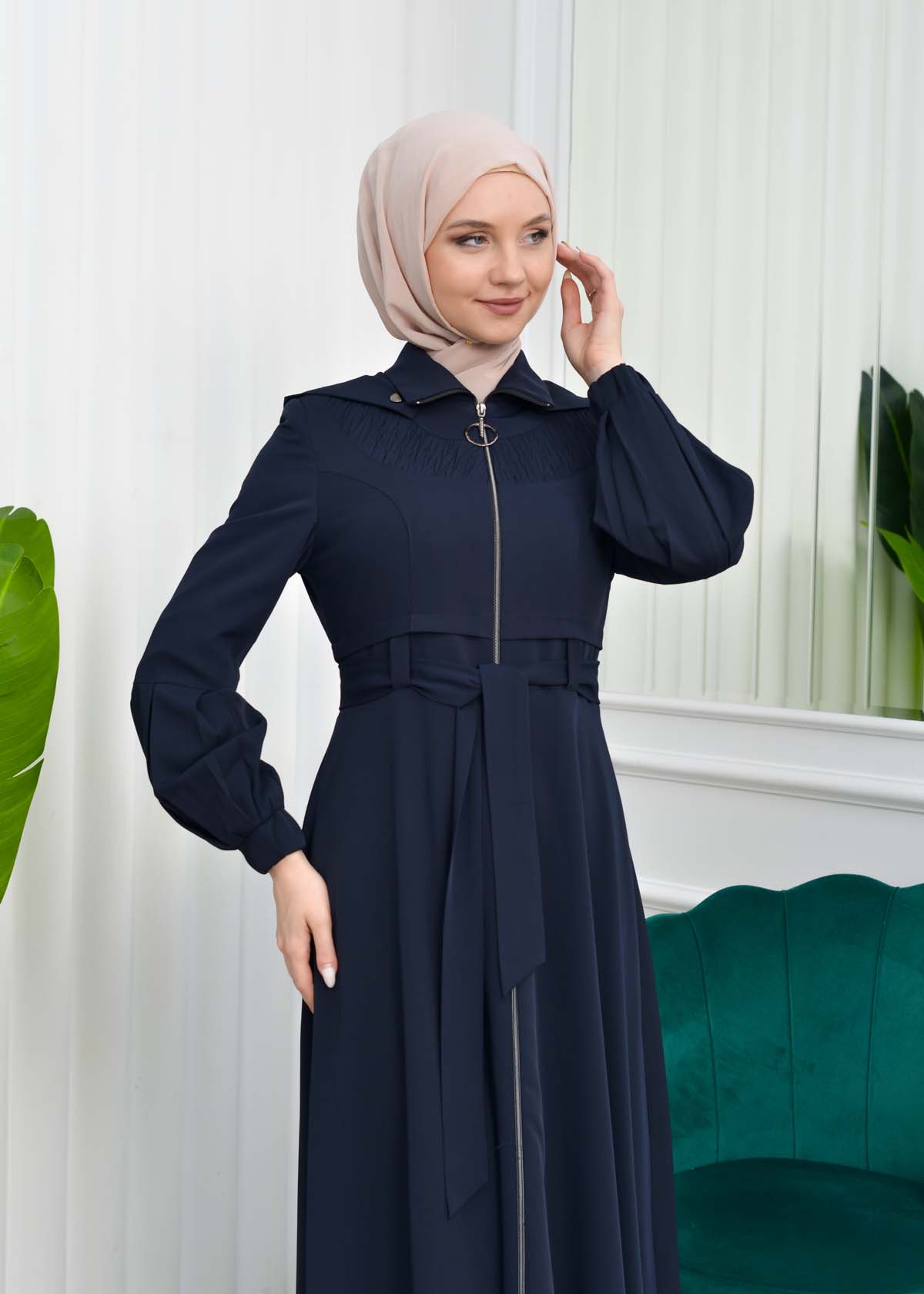 Hooded-Belted Hijab Topcoat 1206 with front zipper Lacivert