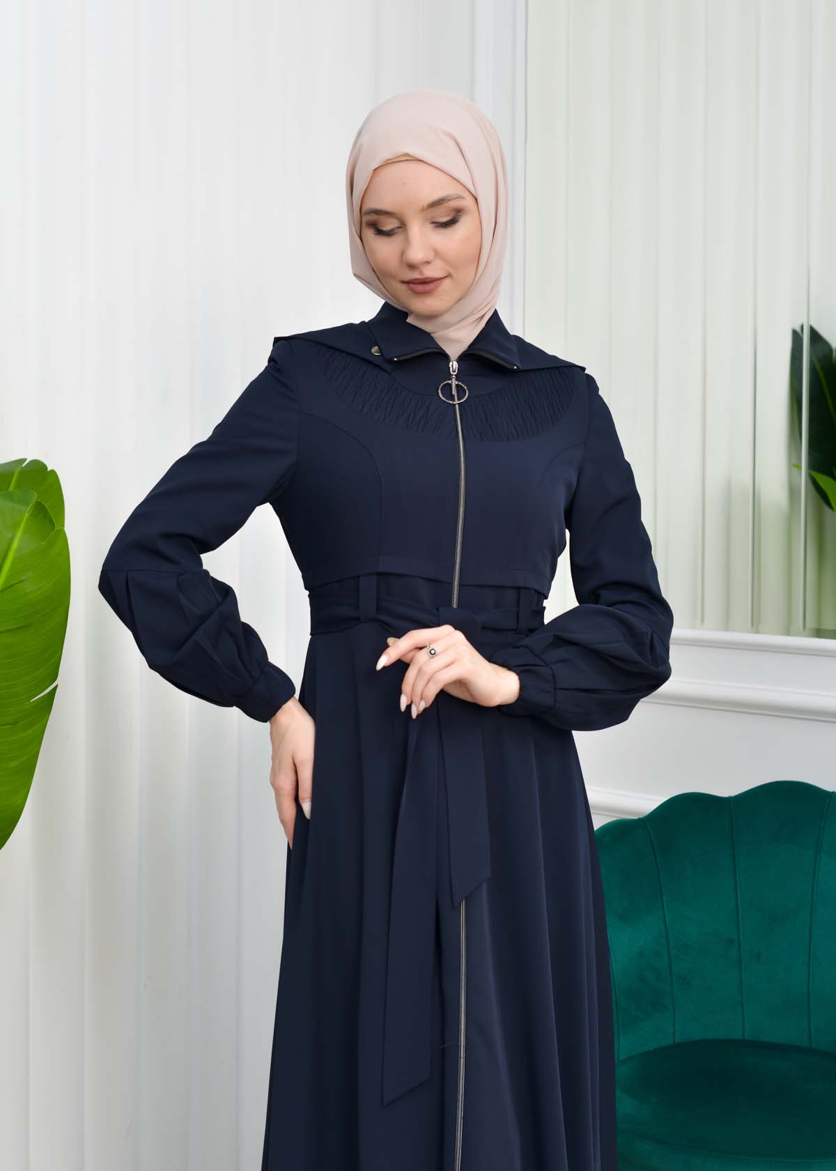 Hooded-Belted Hijab Topcoat 1206 with front zipper Lacivert