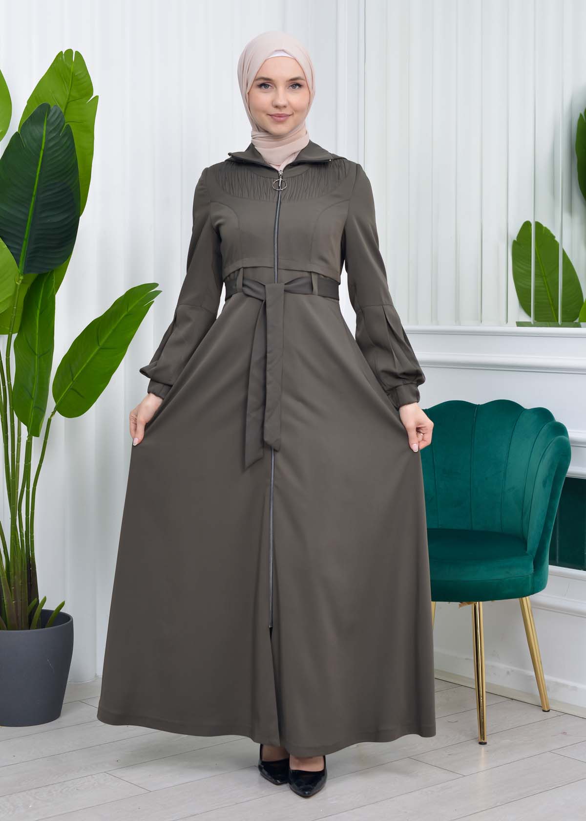 Hooded-Belted Hijab Topcoat 1206 with front zipper - dark khaki