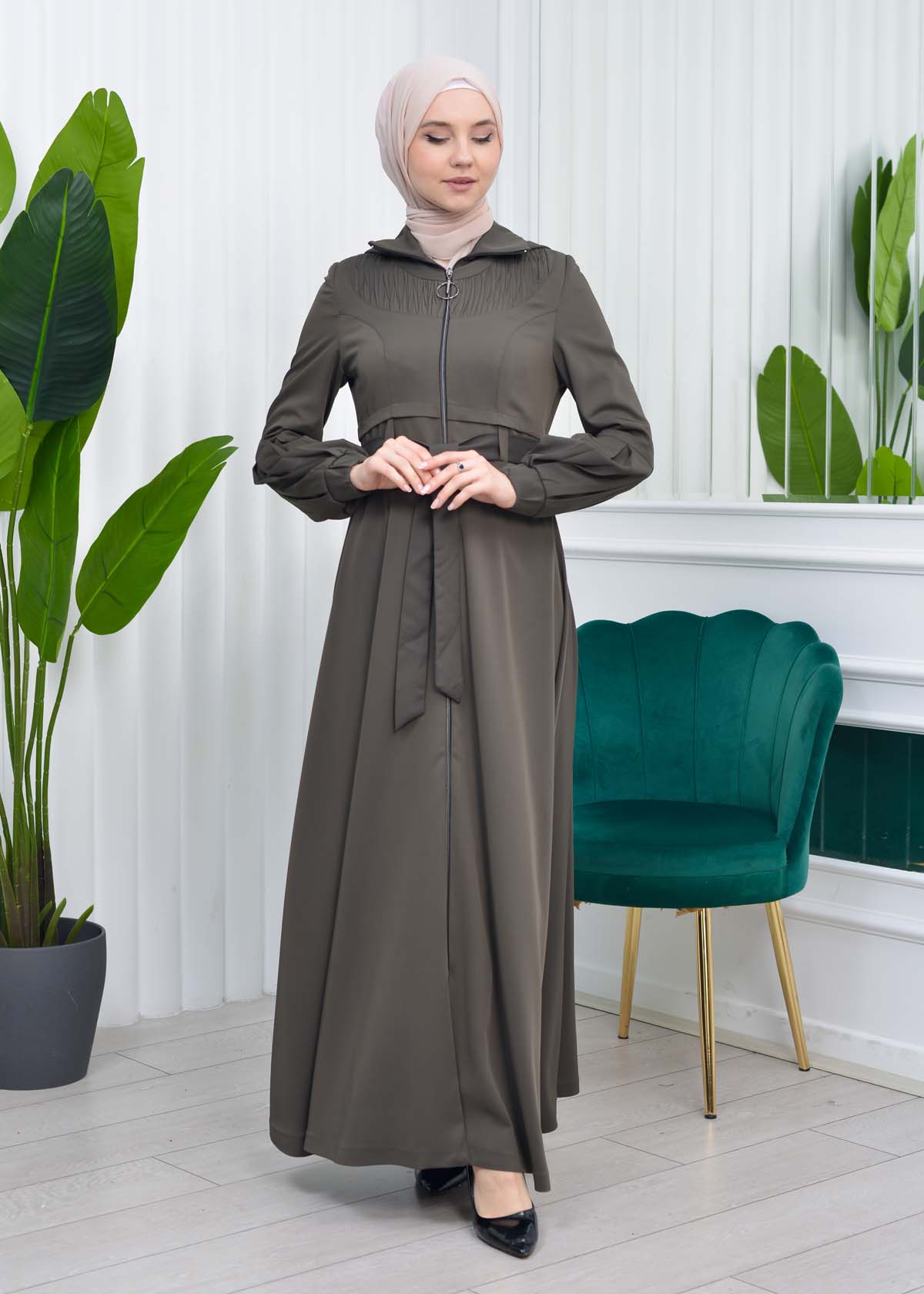 Hooded-Belted Hijab Topcoat 1206 with front zipper kuyu haki