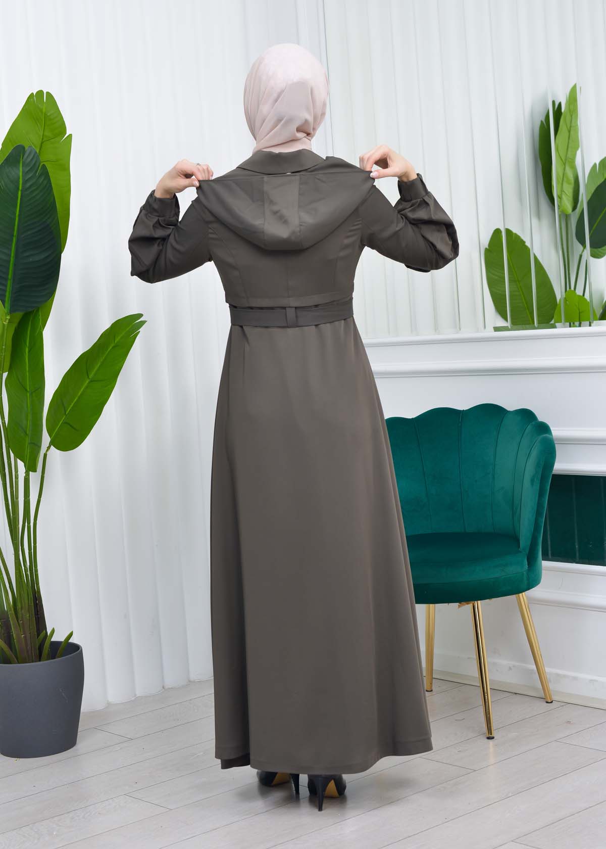 Hooded-Belted Hijab Topcoat 1206 with front zipper kuyu haki