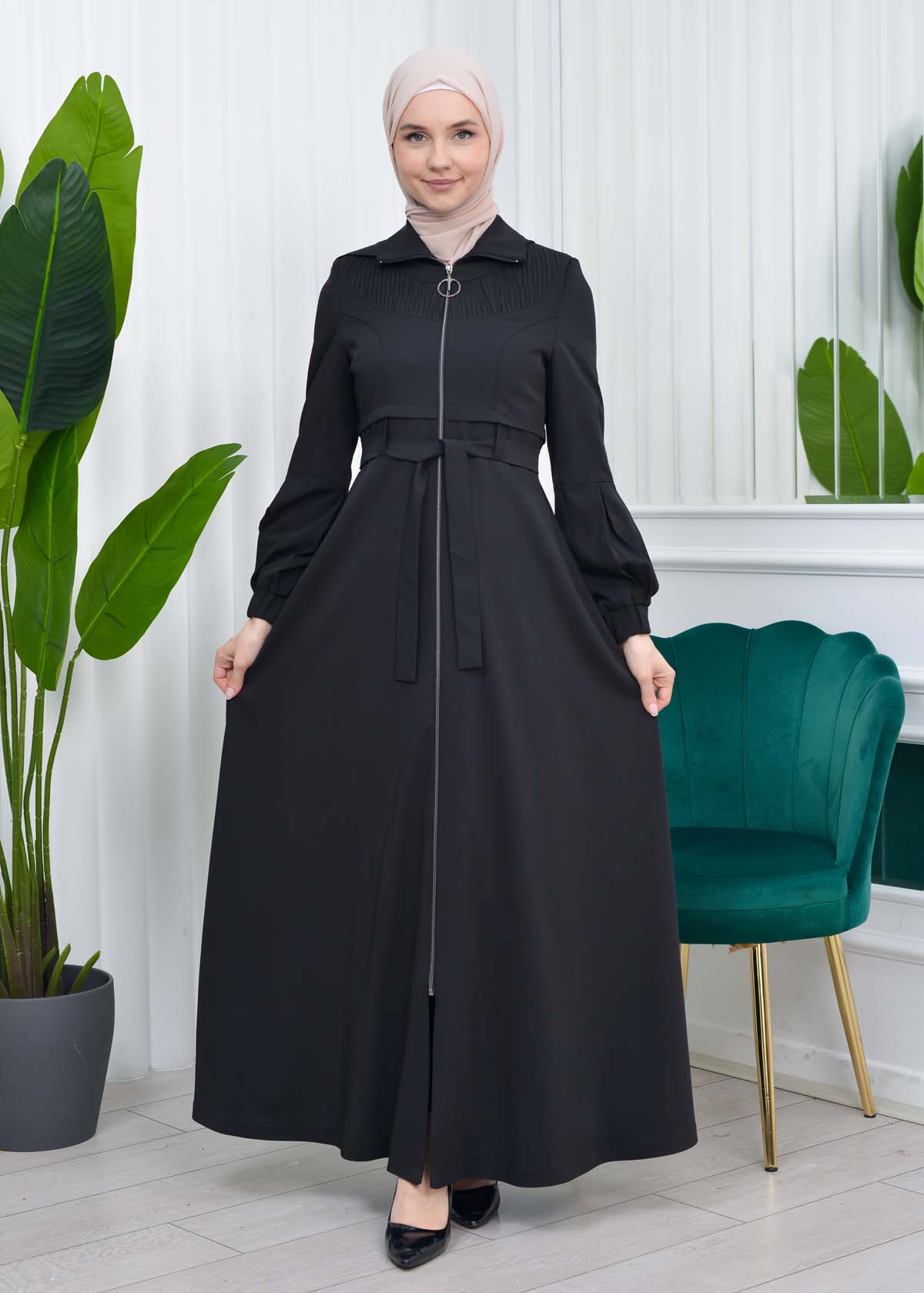 Hooded-Belted Hijab Topcoat 1206 with front zipper - black