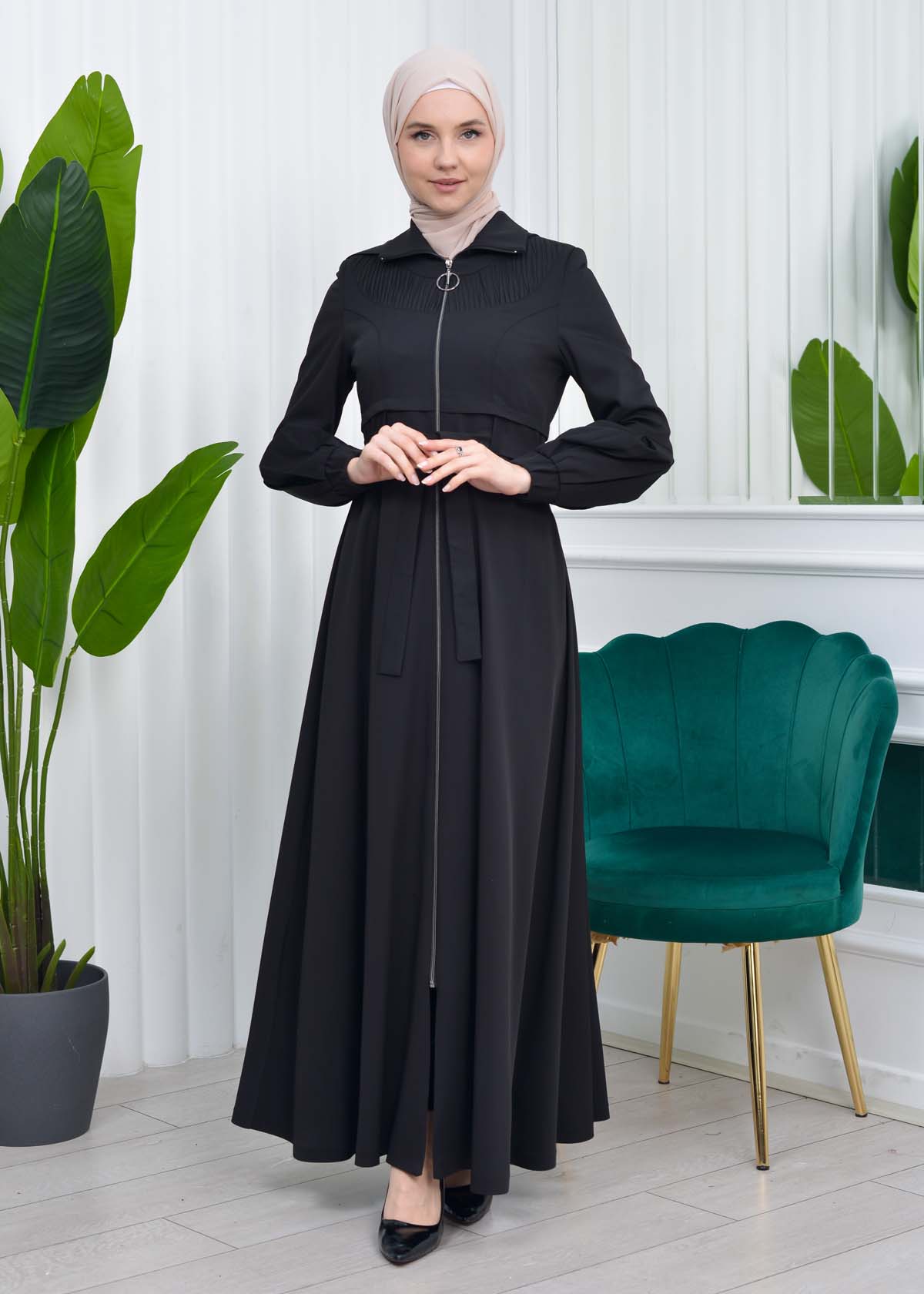 Hooded-Belted Hijab Topcoat 1206 with front zipper Siyah