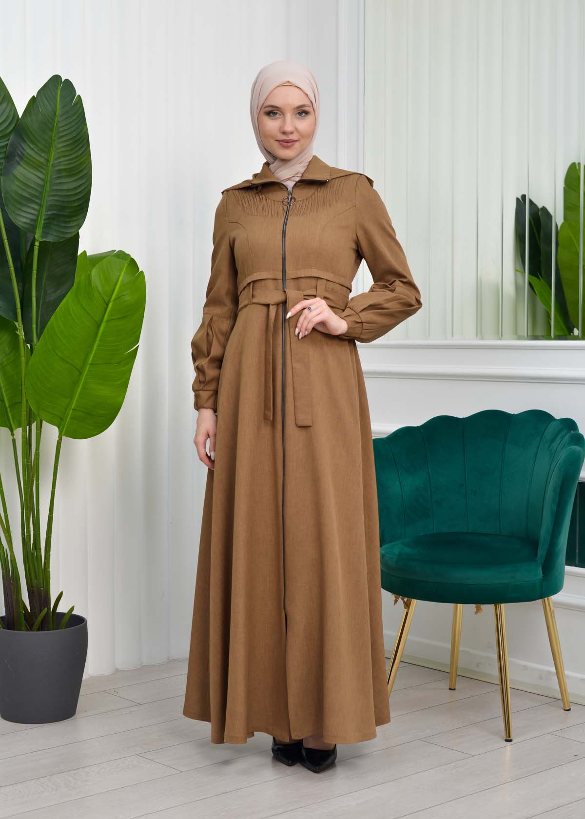 Hooded-Belted Hijab Topcoat  with front zipper 1206 - light brown