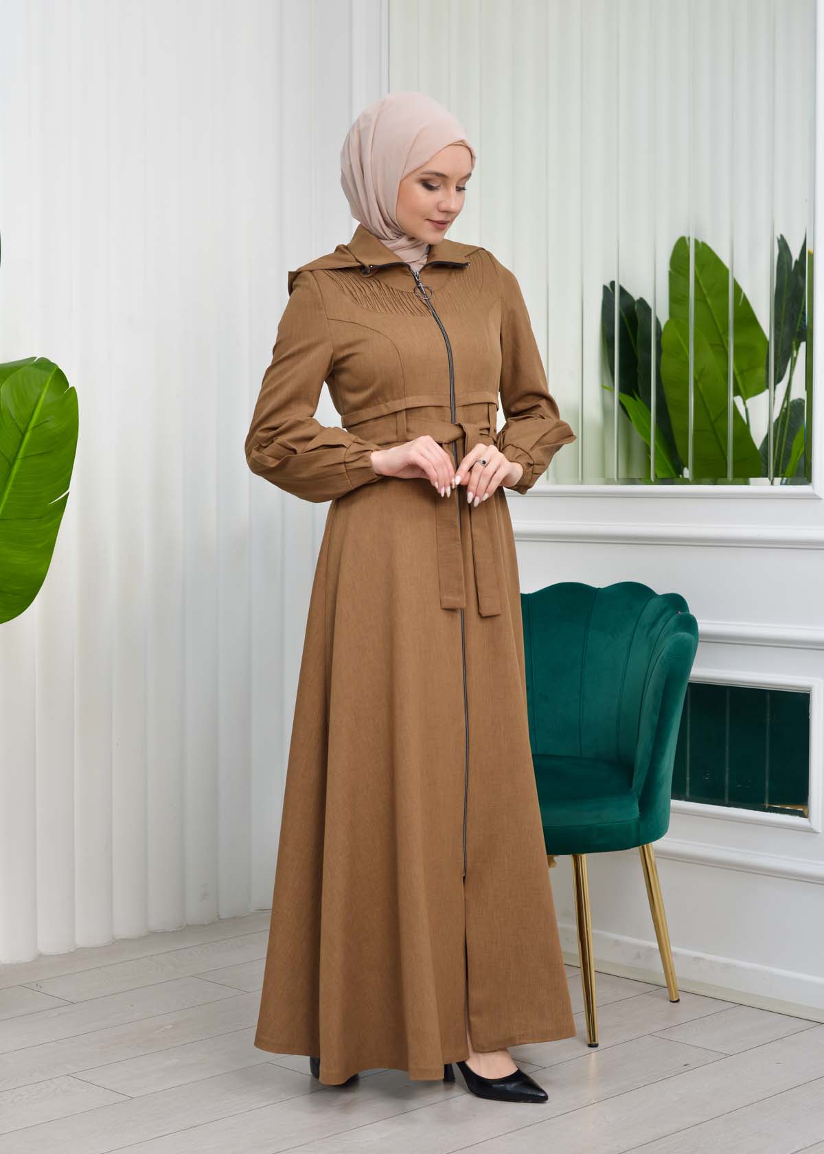 Hooded-Belted Hijab Topcoat  with front zipper 1206 açık kahve