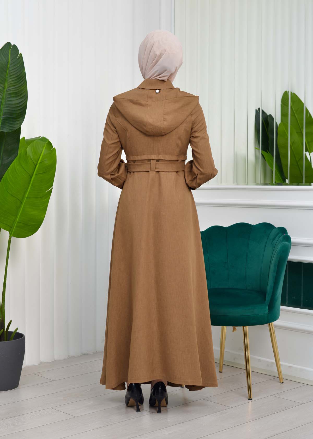 Hooded-Belted Hijab Topcoat  with front zipper 1206 açık kahve