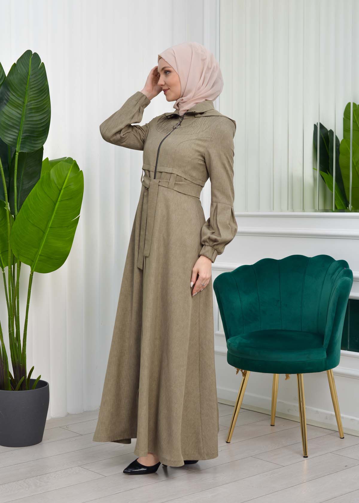 Hooded-Belted Hijab Topcoat  with front zipper 1206 Bej