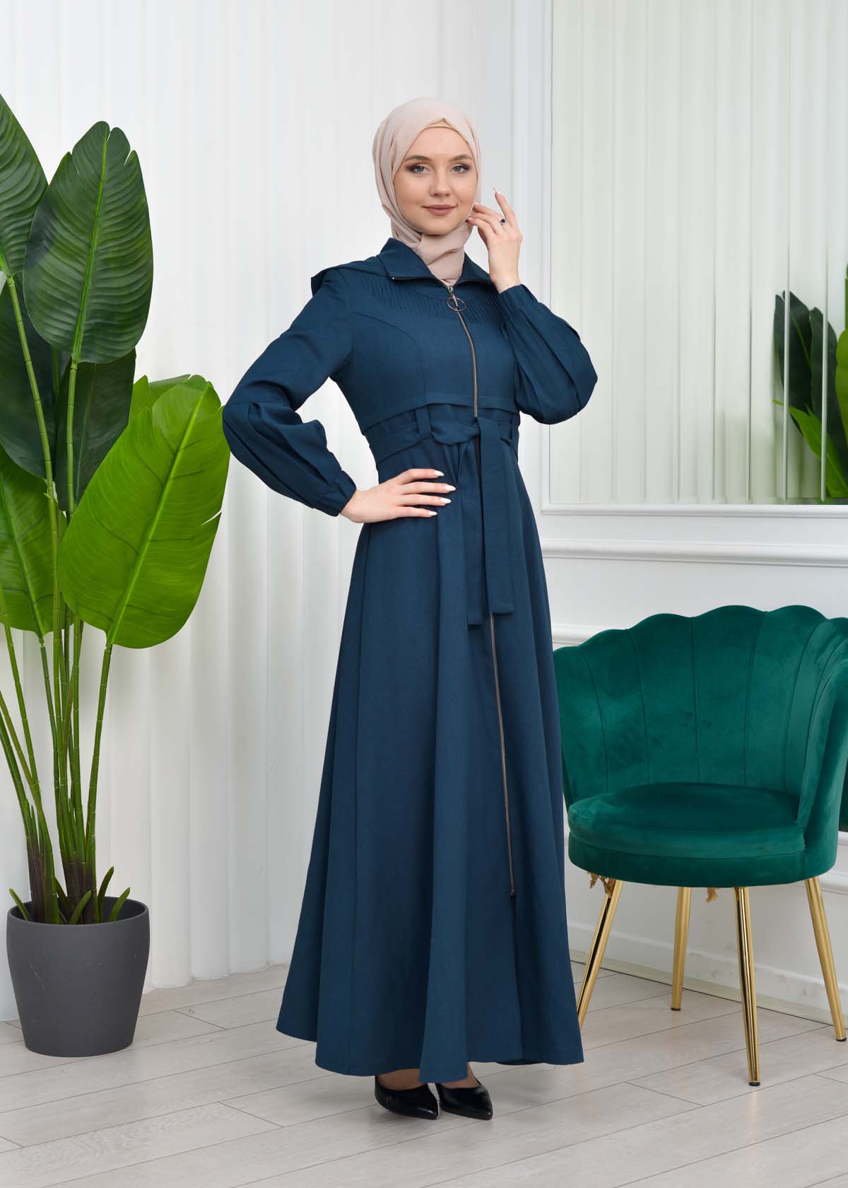 Hooded-Belted Hijab Topcoat  with front zipper 1206 Haki