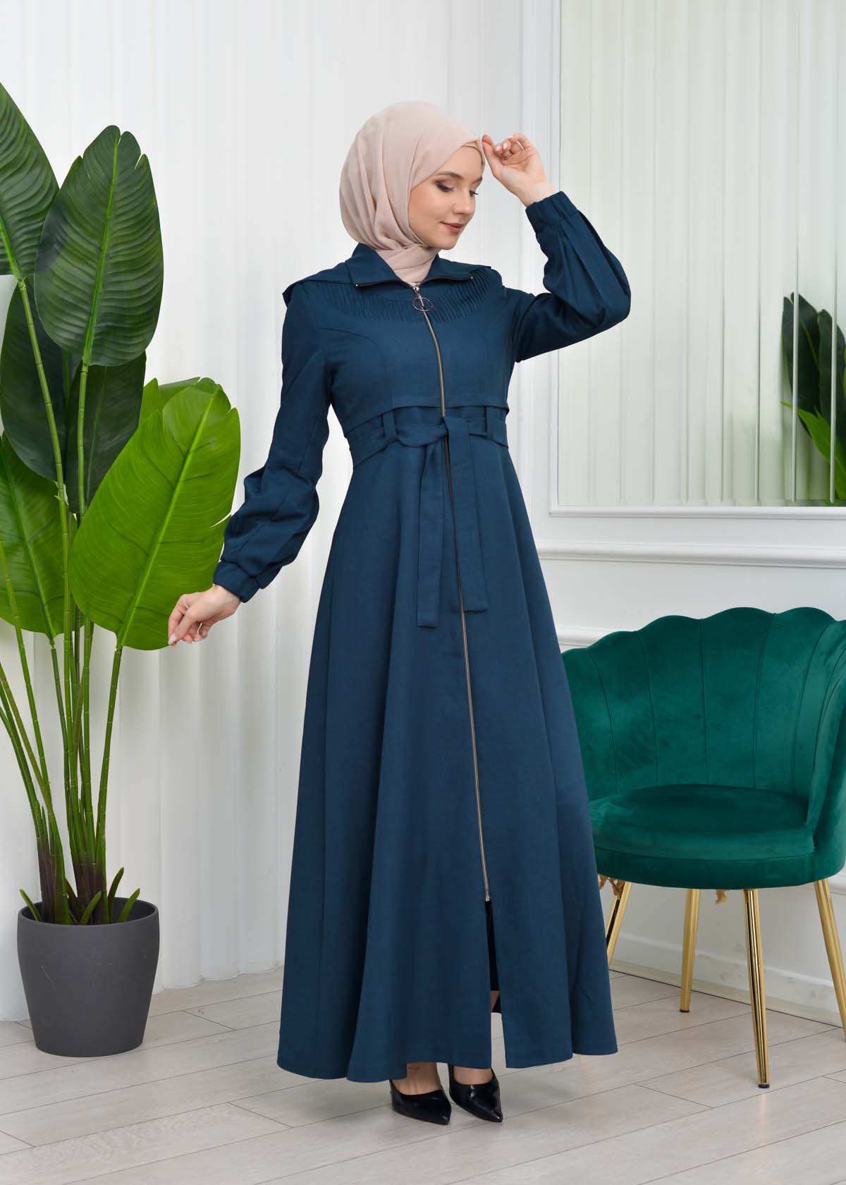 Hooded-Belted Hijab Topcoat  with front zipper 1206 Haki