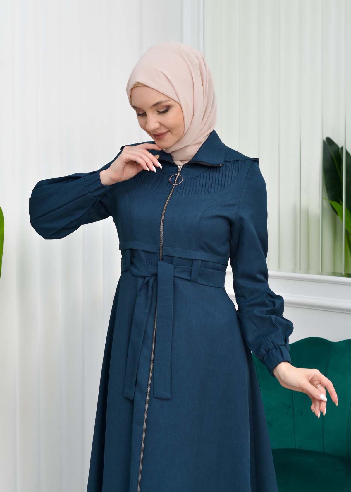 Hooded-Belted Hijab Topcoat  with front zipper 1206 Haki