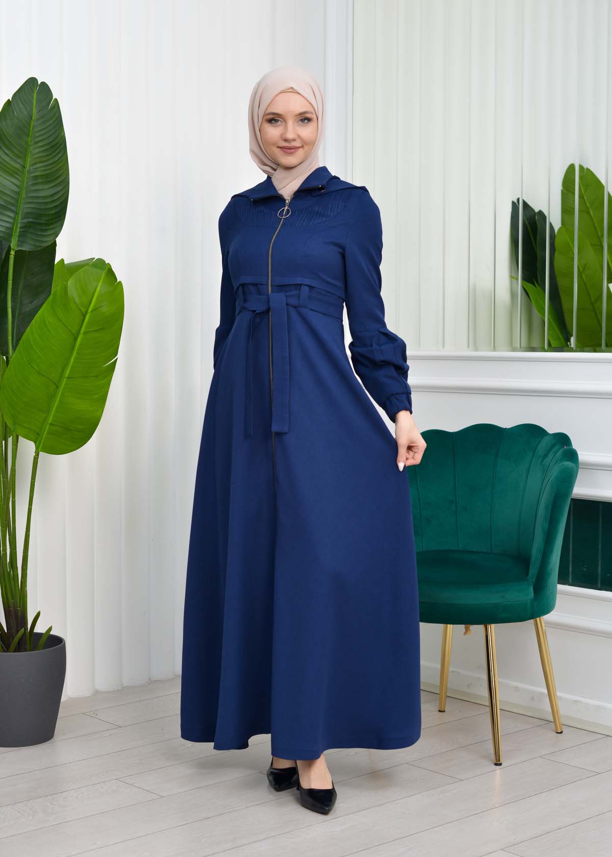 Hooded-Belted Hijab Topcoat  with front zipper 1206 - deep blue