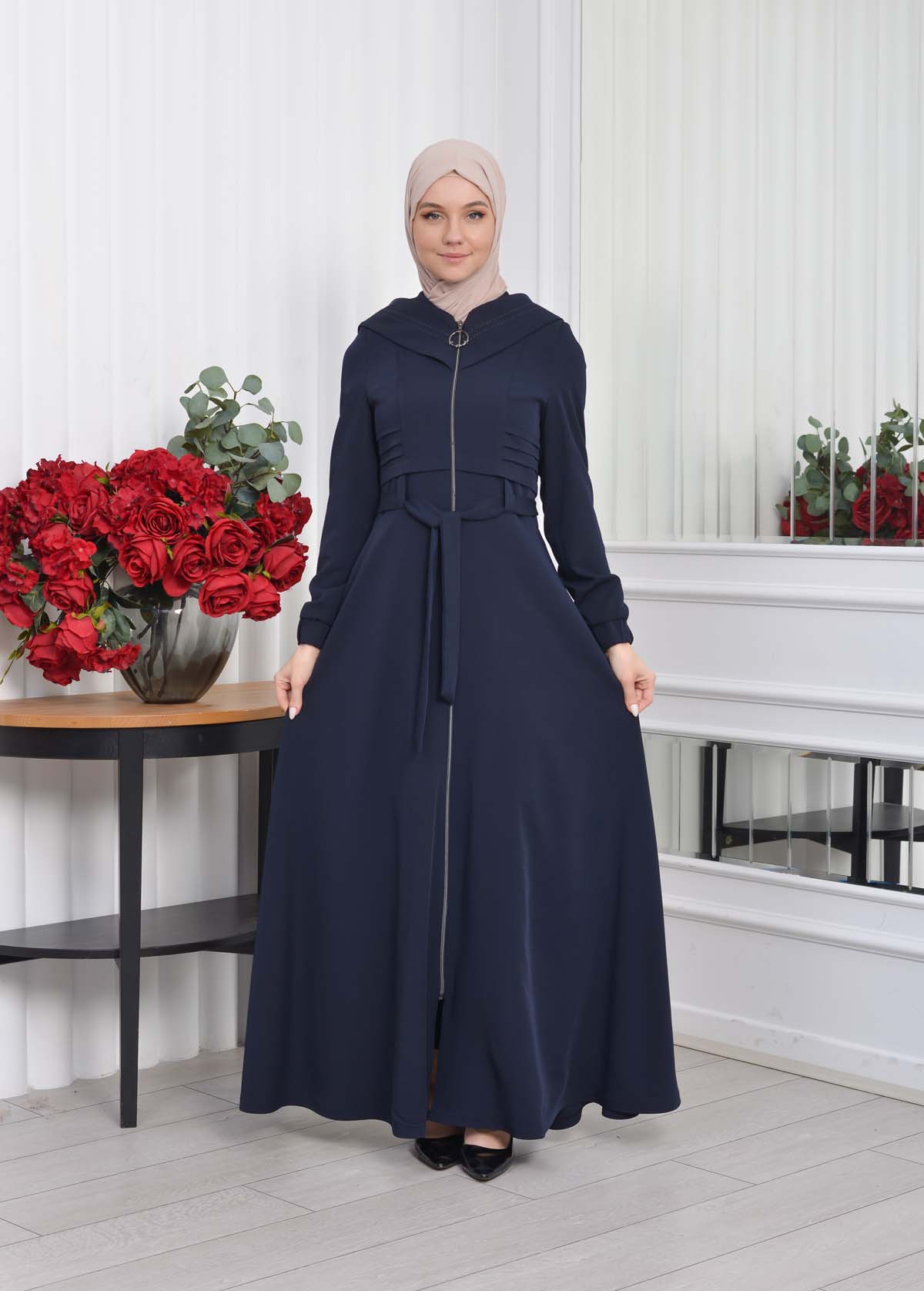 Hooded-Belted Hijab Topcoat 1204 with front zipper Lacivert