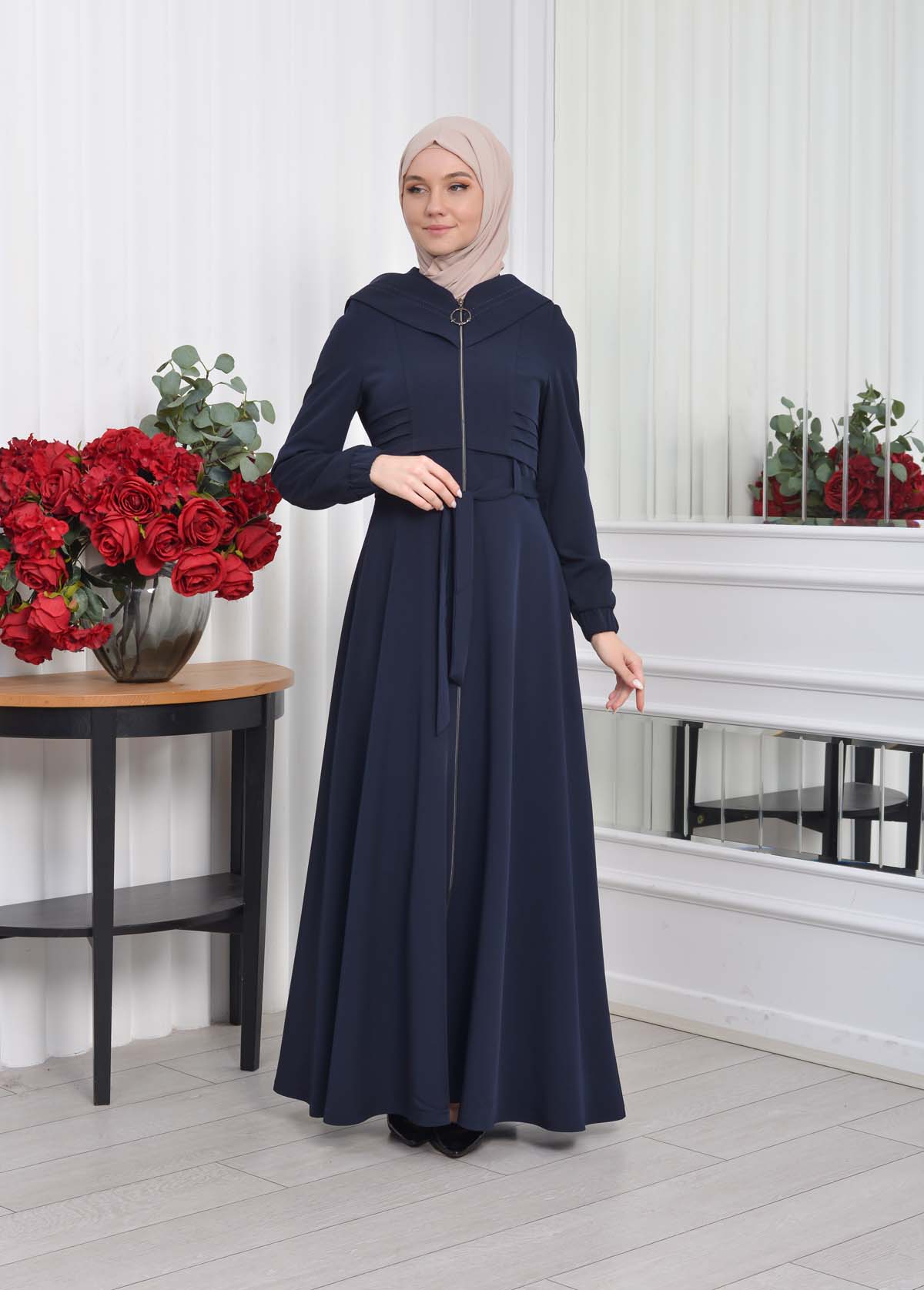 Hooded-Belted Hijab Topcoat 1204 with front zipper Lacivert