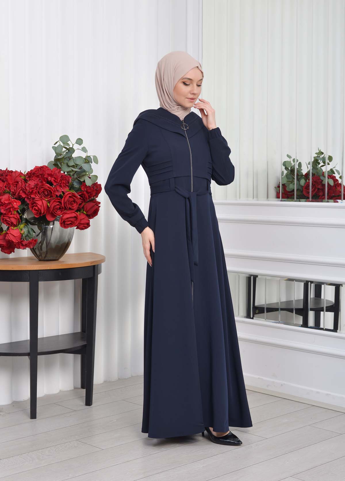 Hooded-Belted Hijab Topcoat 1204 with front zipper Lacivert